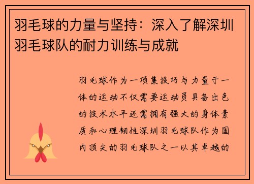 羽毛球的力量与坚持：深入了解深圳羽毛球队的耐力训练与成就